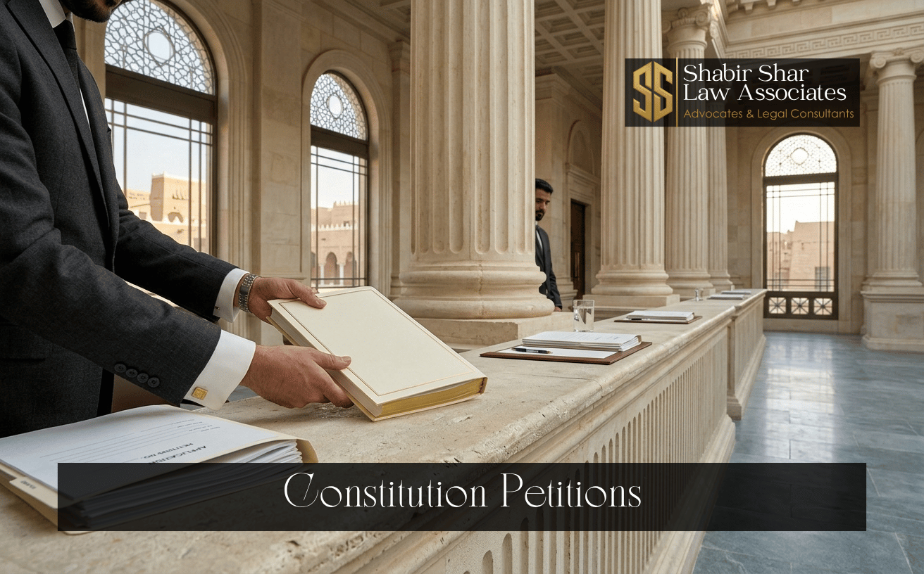 Legal petition and courthouse setting representing constitutional petition services in Karachi